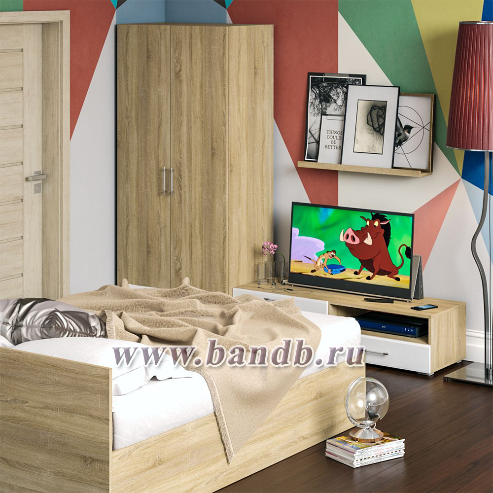 Спальня Стандарт № 3 с кроватью 1600 цвет дуб сонома/фасады ТВ тумбы МДФ белый глянец Картинка № 5