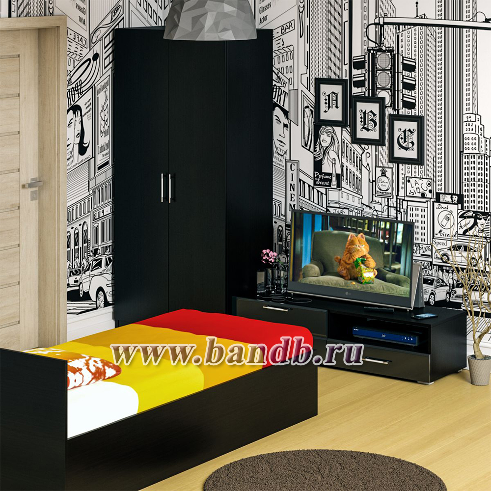Спальня Стандарт № 3 с кроватью 900 цвет венге/фасады ТВ тумбы МДФ чёрный глянец Картинка № 5