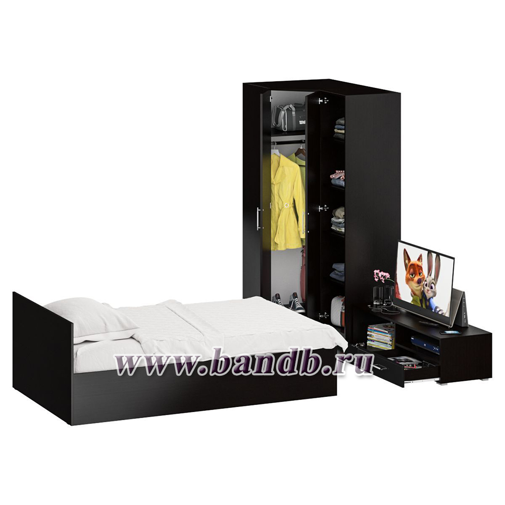 Мебель для спальни Стандарт № 4 с кроватью 1200 цвет венге/фасады ТВ тумбы МДФ чёрный глянец Картинка № 2