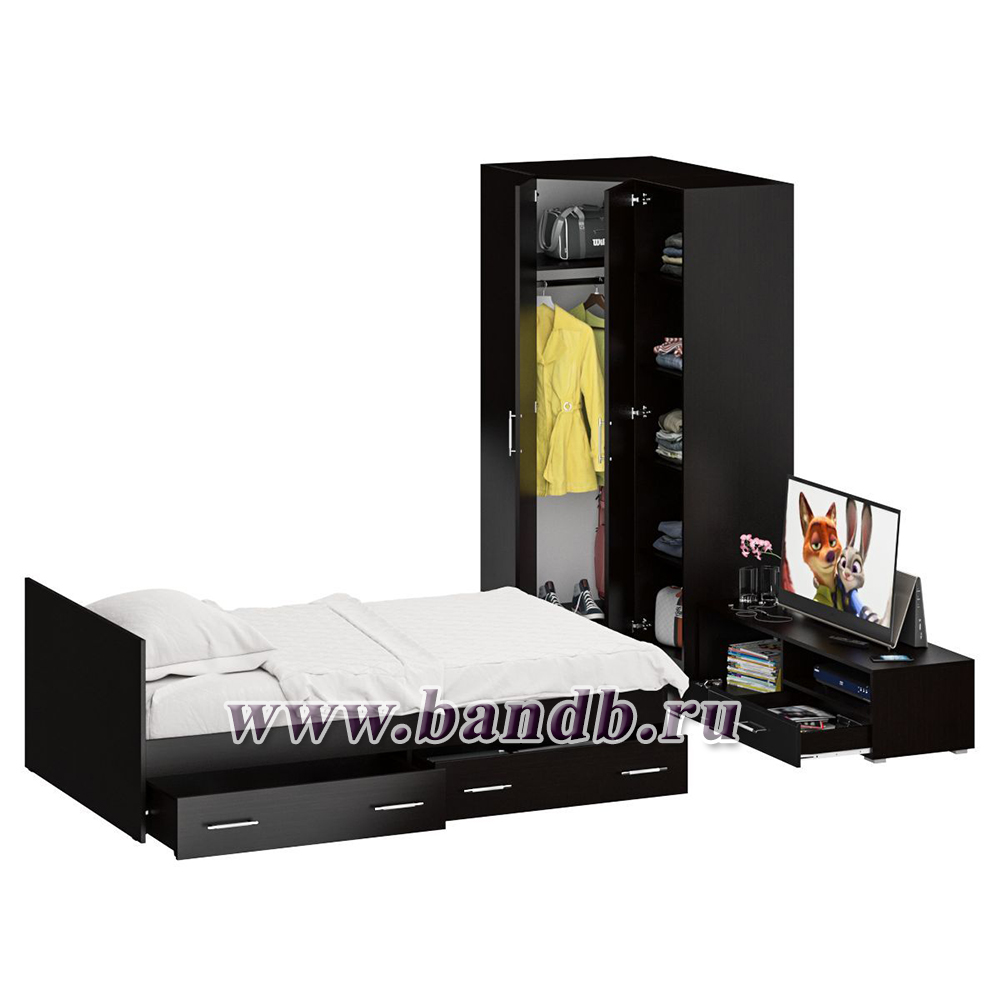 Мебель для спальни Стандарт № 4 с кроватью 1200 с ящиками цвет венге/фасады ТВ тумбы МДФ чёрный глянец Картинка № 2
