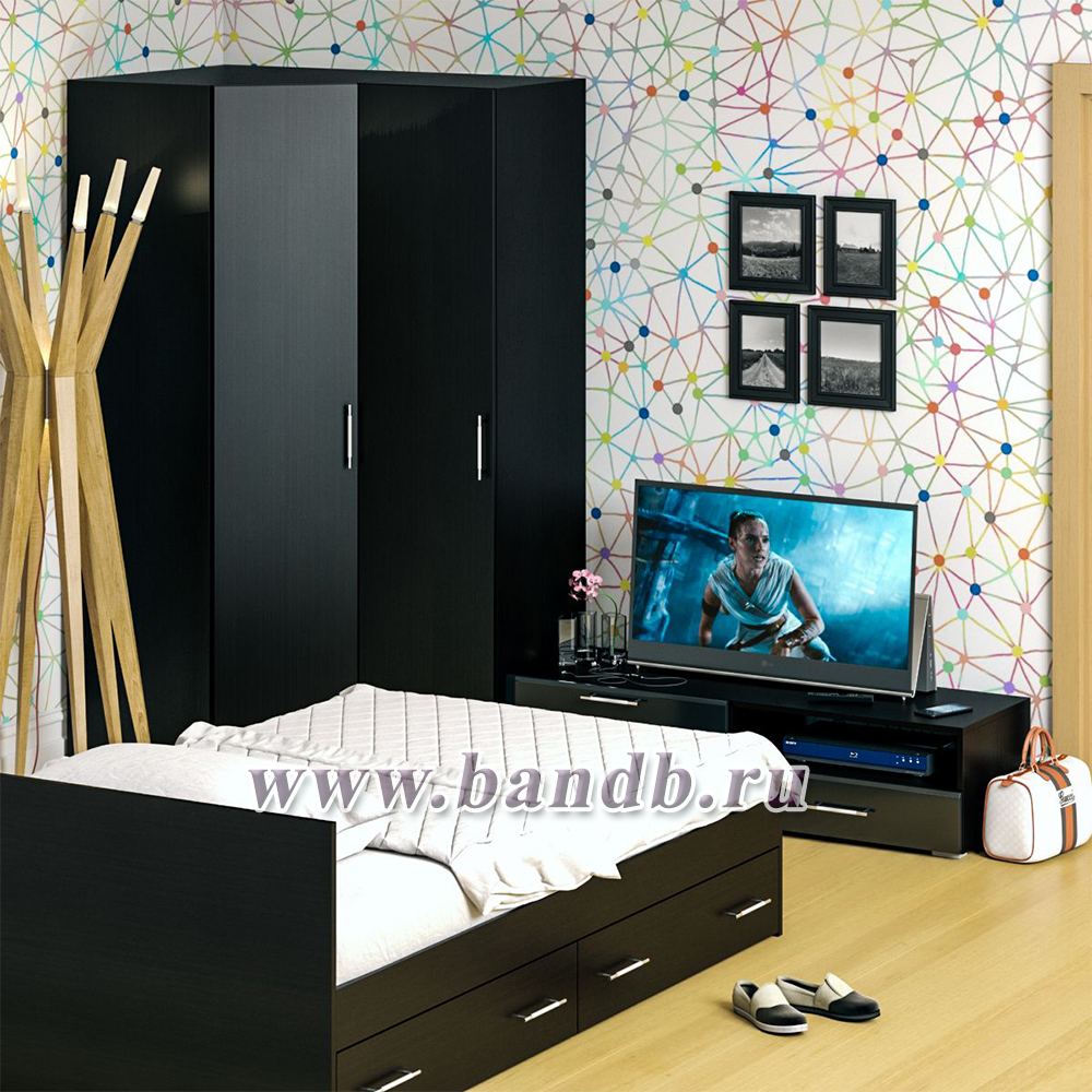 Мебель для спальни Стандарт № 4 с кроватью 1200 с ящиками цвет венге/фасады ТВ тумбы МДФ чёрный глянец Картинка № 5