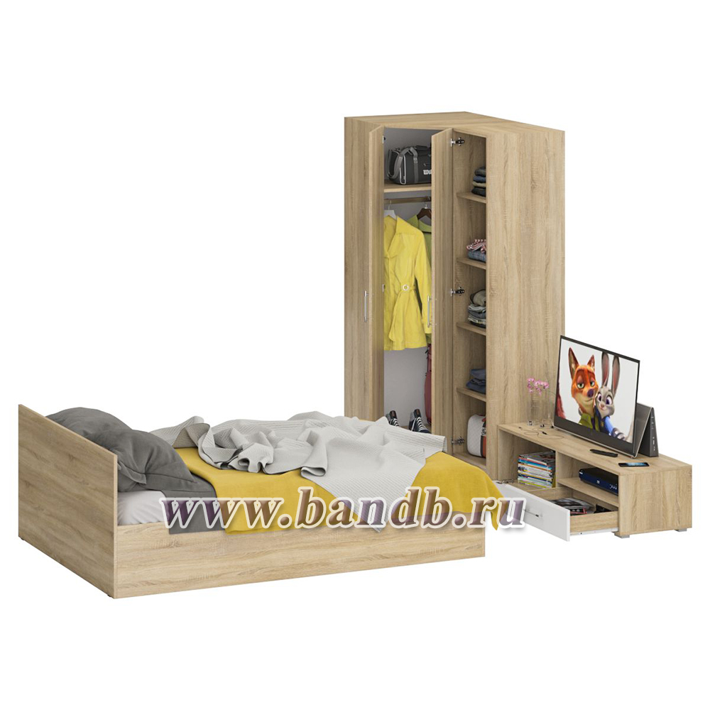 Мебель для спальни Стандарт № 4 с кроватью 1400 цвет дуб сонома/фасады ТВ тумбы МДФ белый глянец Картинка № 2