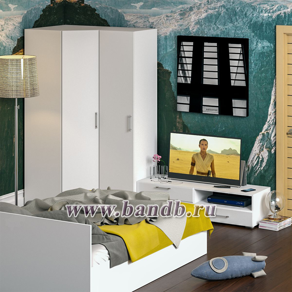 Мебель для спальни белая Стандарт № 4 с кроватью 1400 цвет белый/фасады ТВ тумбы МДФ белый глянец Картинка № 5