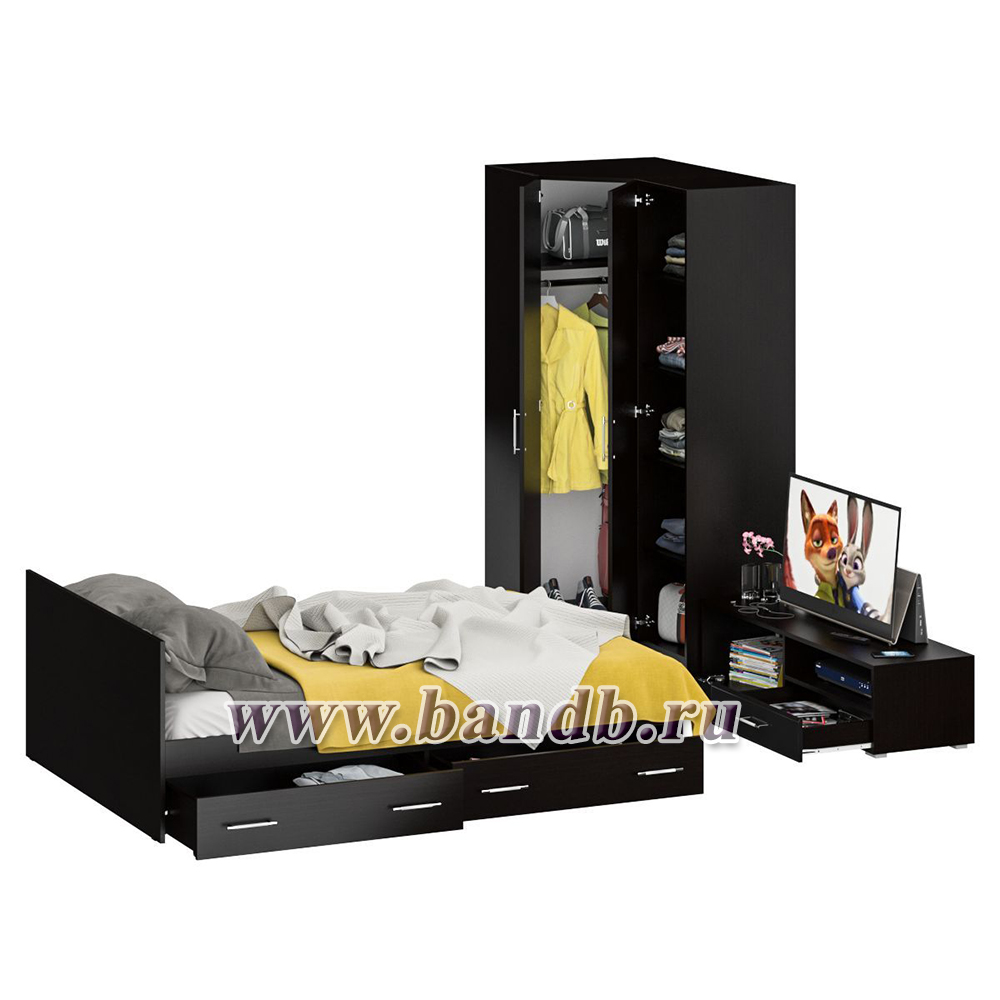 Мебель для спальни Стандарт № 4 с кроватью 1400 с ящиками цвет венге/фасады ТВ тумбы МДФ чёрный глянец Картинка № 2