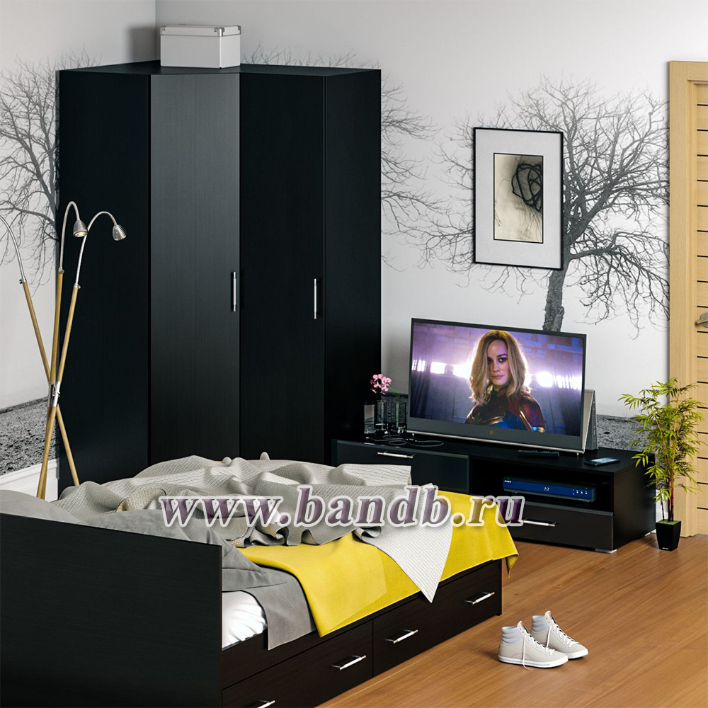 Мебель для спальни Стандарт № 4 с кроватью 1400 с ящиками цвет венге/фасады ТВ тумбы МДФ чёрный глянец Картинка № 5