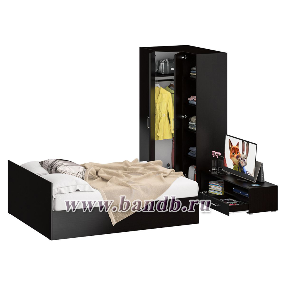 Мебель для спальни Стандарт № 4 с кроватью 1600 цвет венге/фасады ТВ тумбы МДФ чёрный глянец Картинка № 2