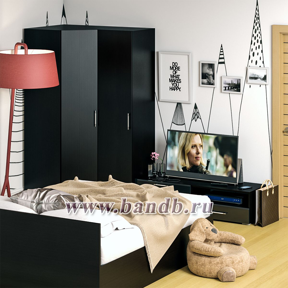 Мебель для спальни Стандарт № 4 с кроватью 1600 цвет венге/фасады ТВ тумбы МДФ чёрный глянец Картинка № 5