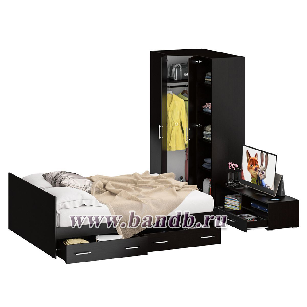Мебель для спальни Стандарт № 4 с кроватью 1600 с ящиками цвет венге/фасады ТВ тумбы МДФ чёрный глянец Картинка № 2