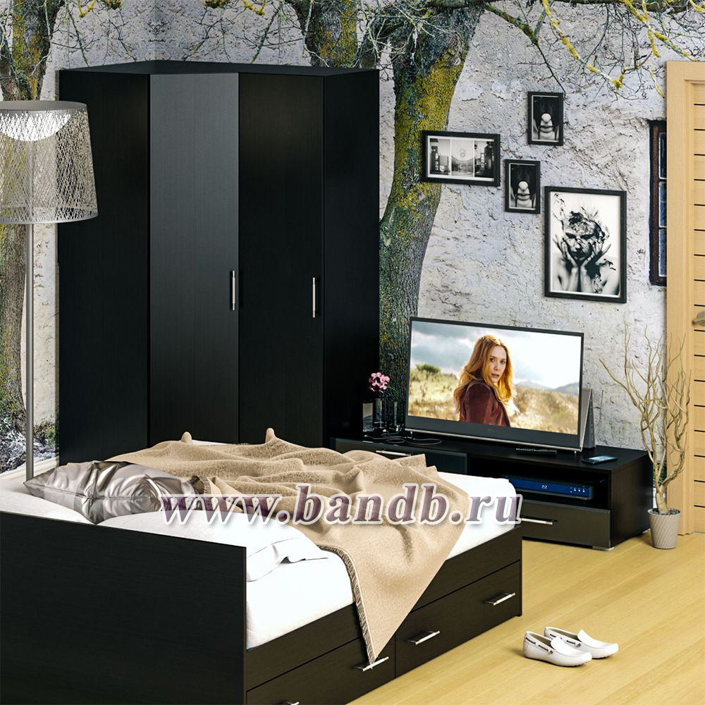 Мебель для спальни Стандарт № 4 с кроватью 1600 с ящиками цвет венге/фасады ТВ тумбы МДФ чёрный глянец Картинка № 5