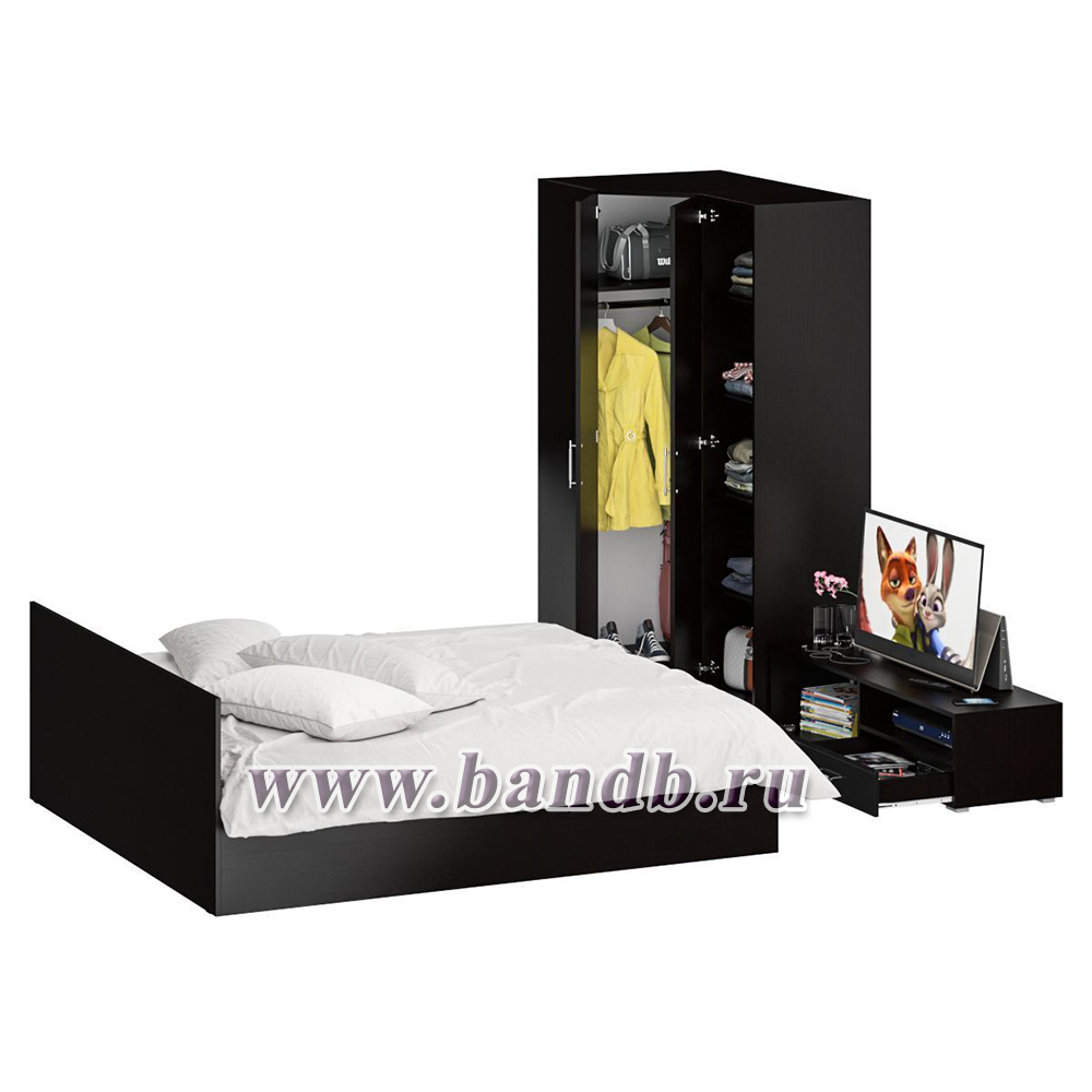 Мебель для спальни Стандарт № 4 с кроватью 1800 цвет венге/фасады ТВ тумбы МДФ чёрный глянец Картинка № 2