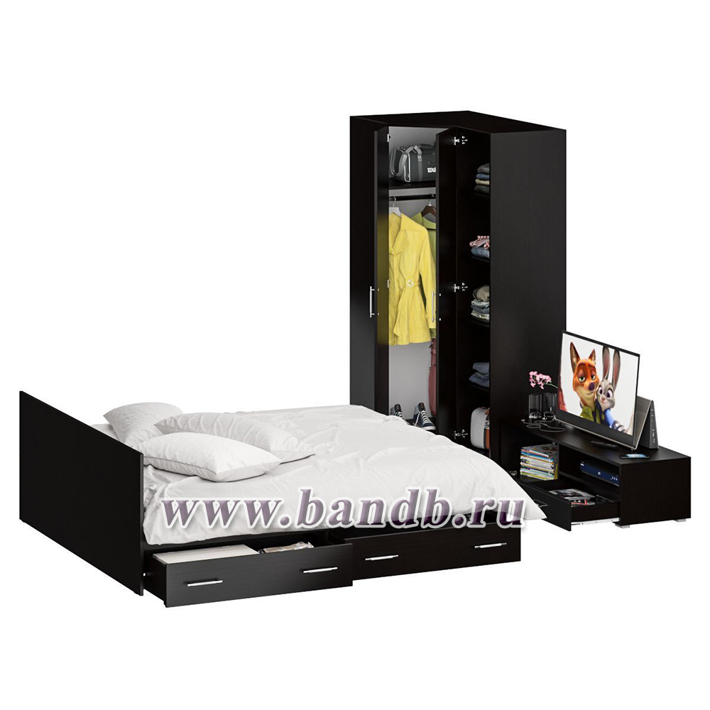 Мебель для спальни Стандарт № 4 с кроватью 1800 с ящиками цвет венге/фасады ТВ тумбы МДФ чёрный глянец Картинка № 2
