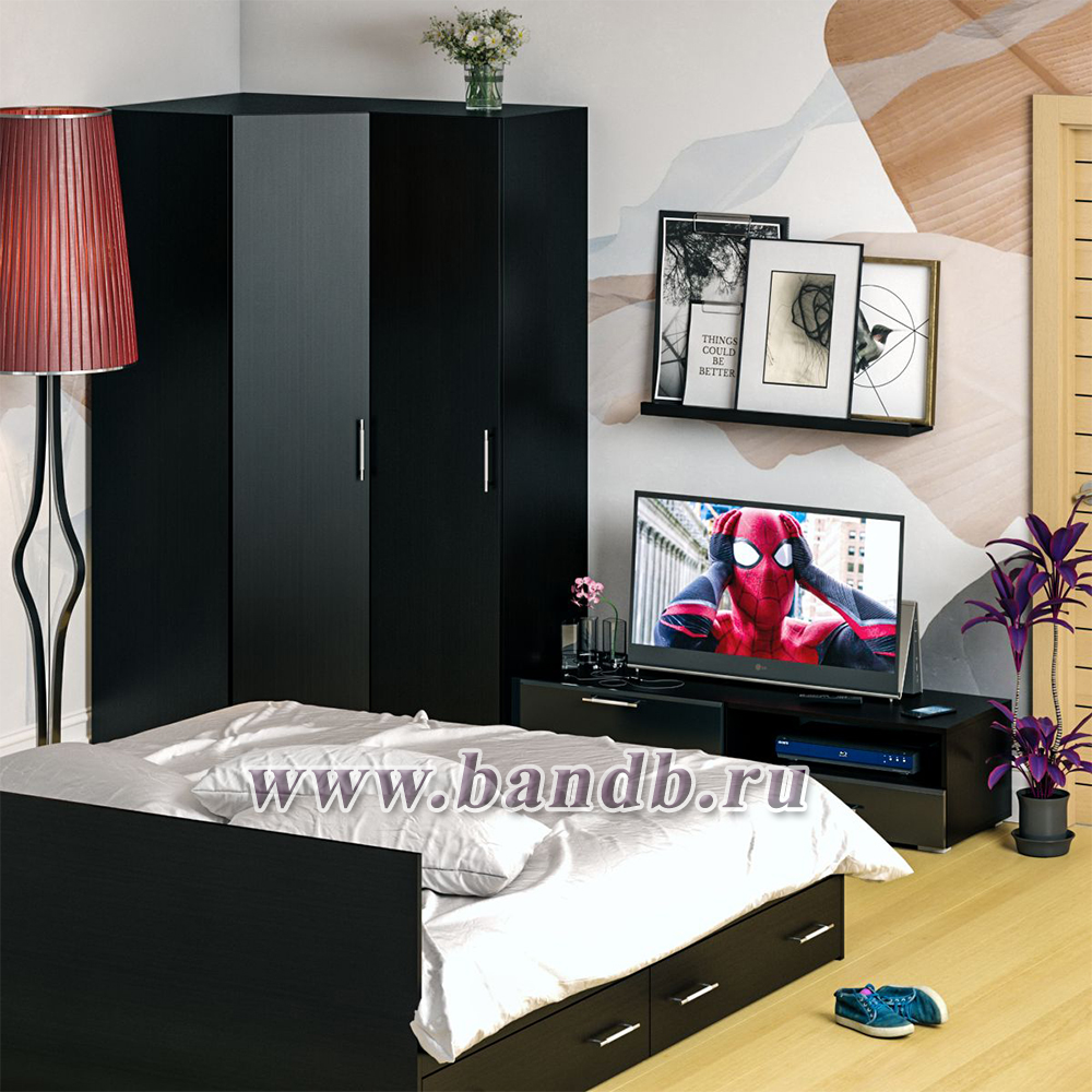 Мебель для спальни Стандарт № 4 с кроватью 1800 с ящиками цвет венге/фасады ТВ тумбы МДФ чёрный глянец Картинка № 5