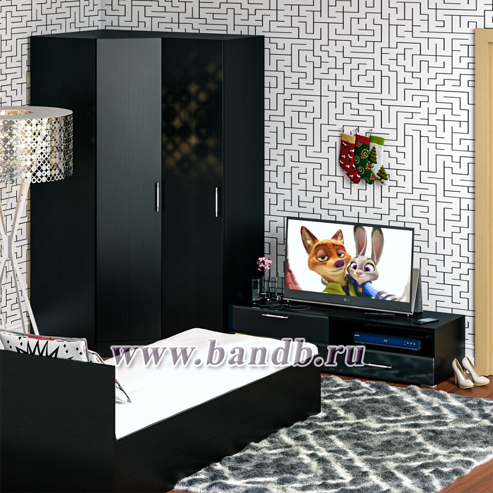 Мебель для спальни Стандарт № 4 с кроватью 800 цвет венге/фасады ТВ тумбы МДФ чёрный глянец Картинка № 5