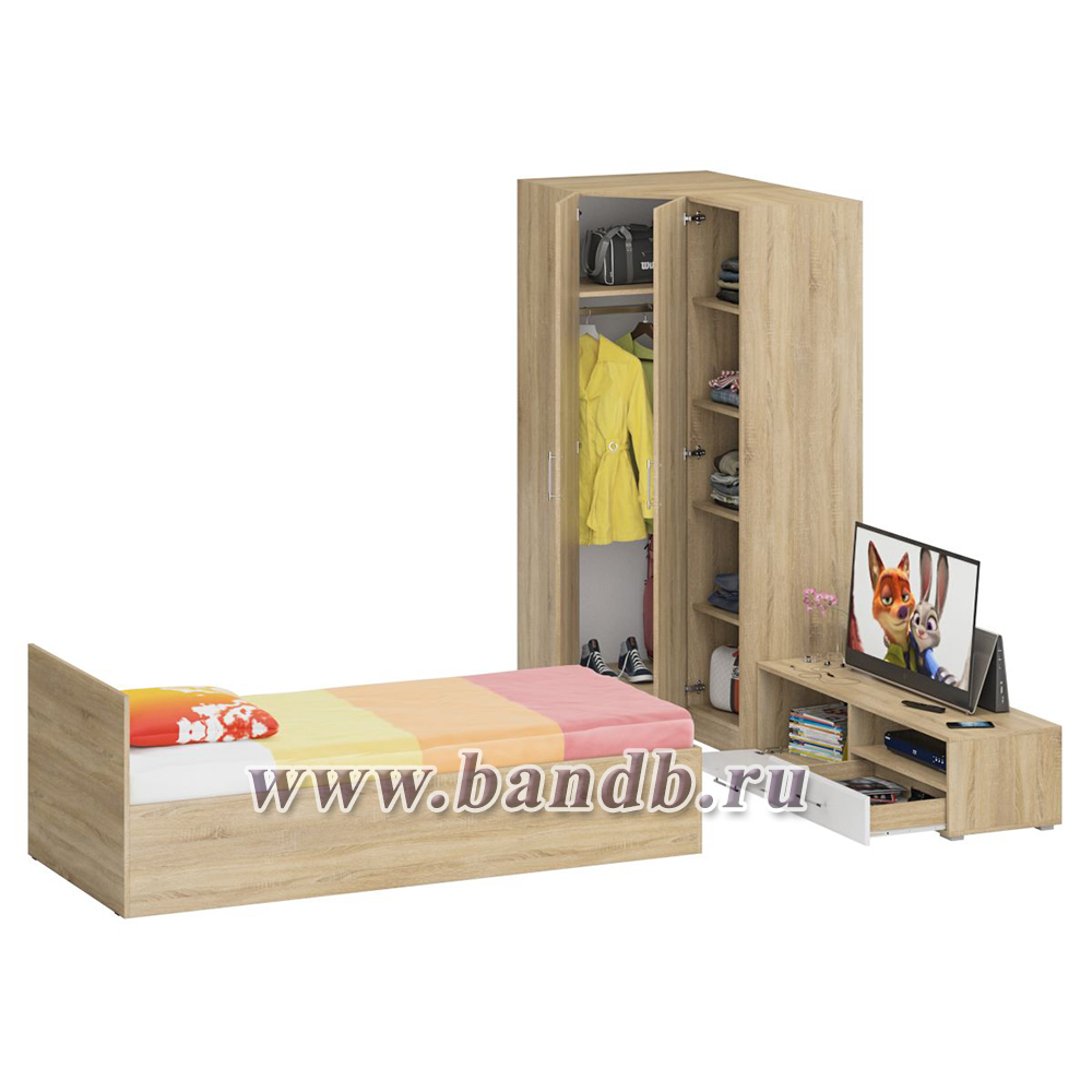 Мебель для спальни Стандарт № 4 с кроватью 900 цвет дуб сонома/фасады ТВ тумбы МДФ белый глянец Картинка № 2