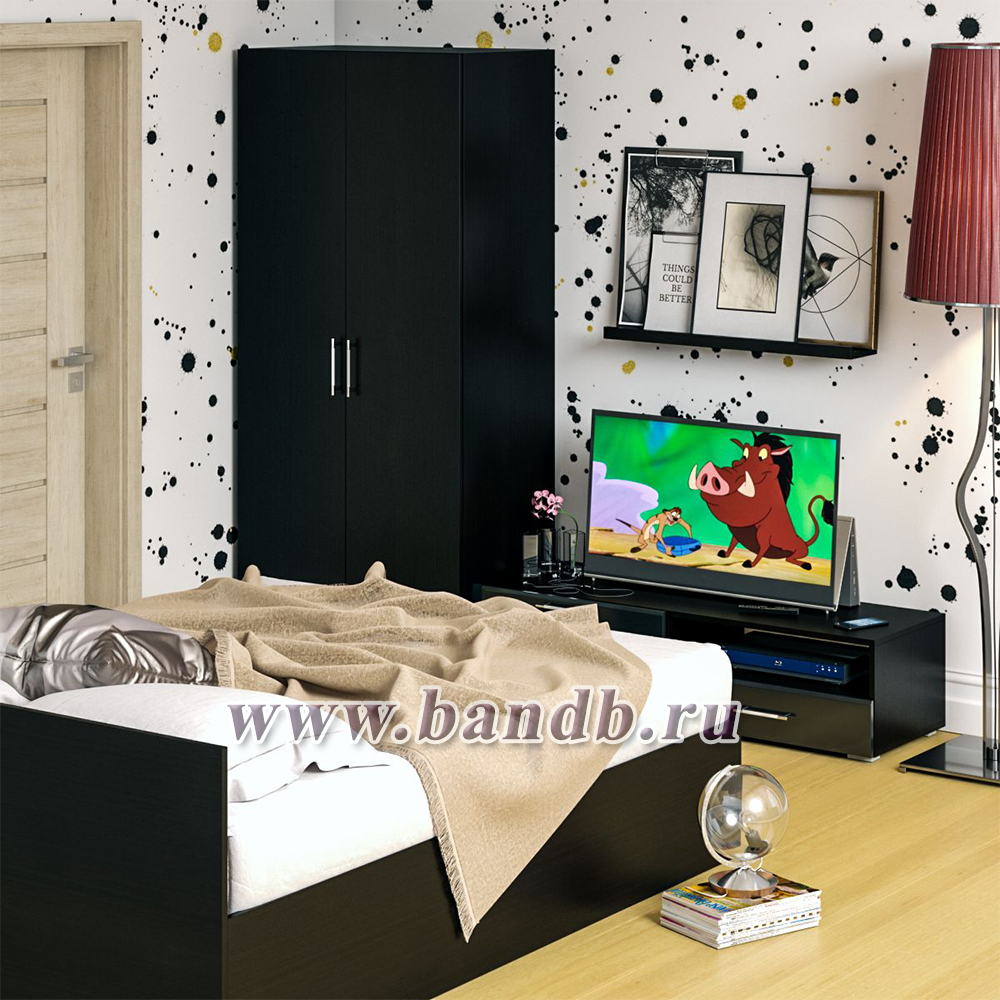 Спальня Стандарт № 3 с кроватью 1600 цвет венге/фасады ТВ тумбы МДФ чёрный глянец Картинка № 5