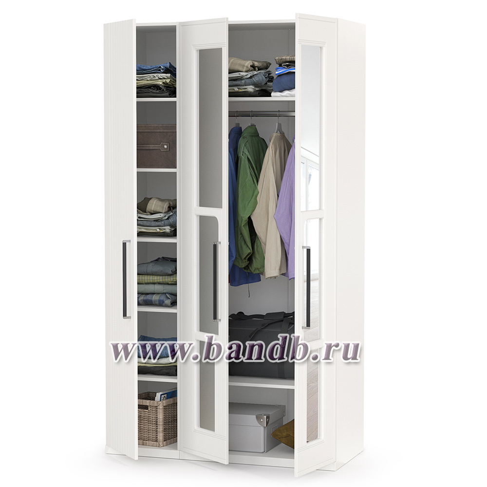Шкаф для одежды 3-х створчатый с зеркалами Валенсия цвет белый шагрень Картинка № 2