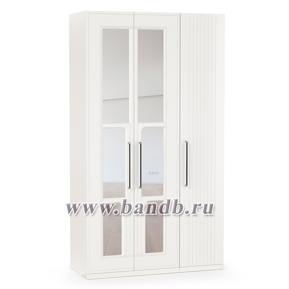 Шкаф для одежды 3-х створчатый с зеркалами Валенсия цвет белый шагрень Картинка № 3