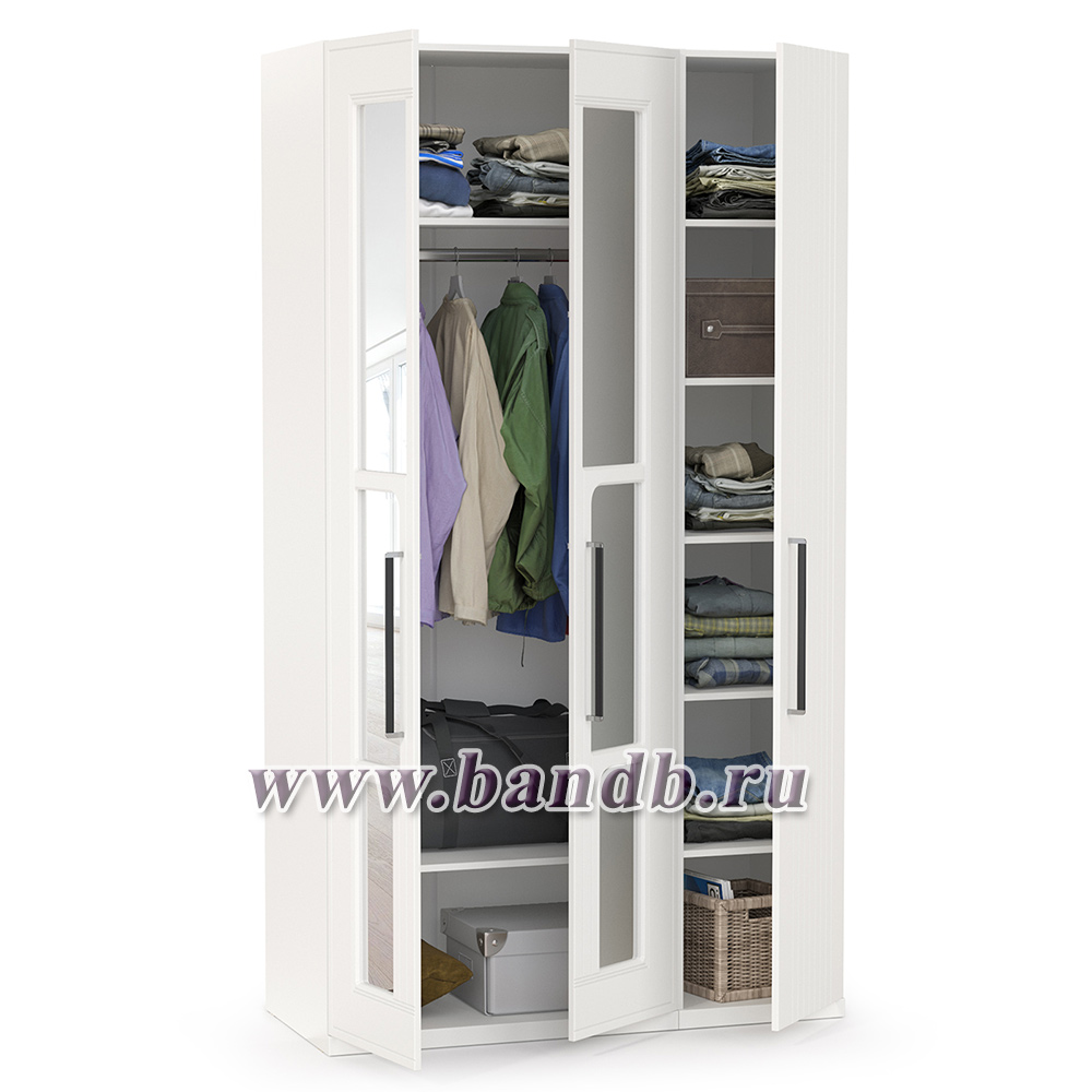 Шкаф для одежды 3-х створчатый с зеркалами Валенсия цвет белый шагрень Картинка № 4