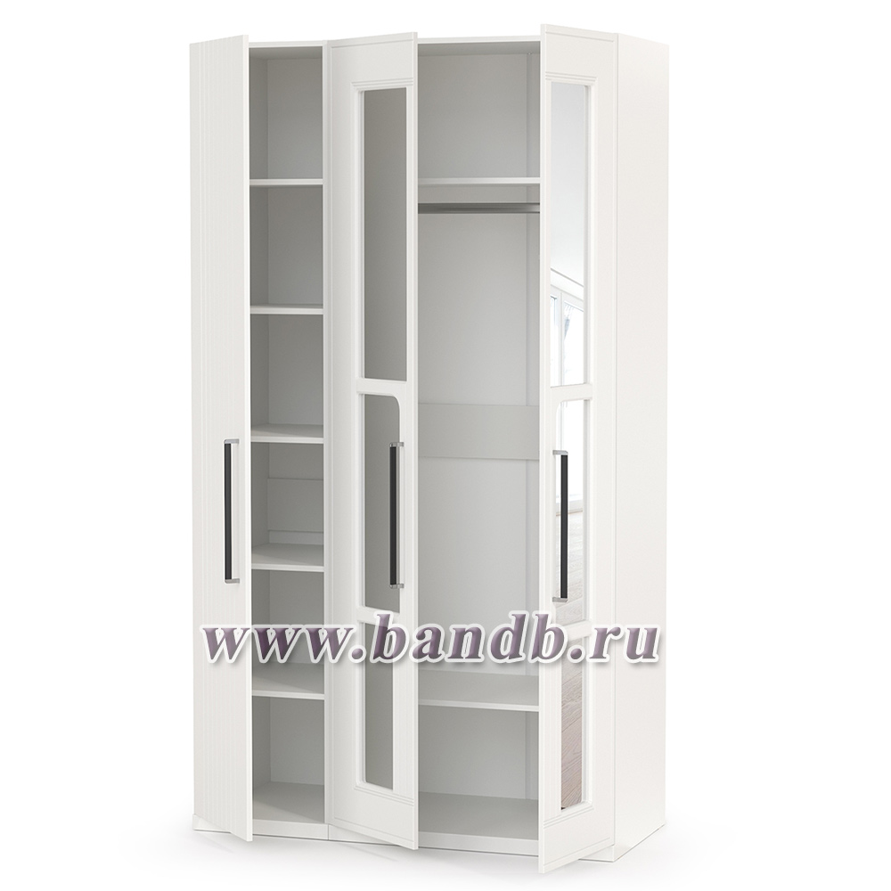 Шкаф для одежды 3-х створчатый с зеркалами Валенсия цвет белый шагрень Картинка № 9