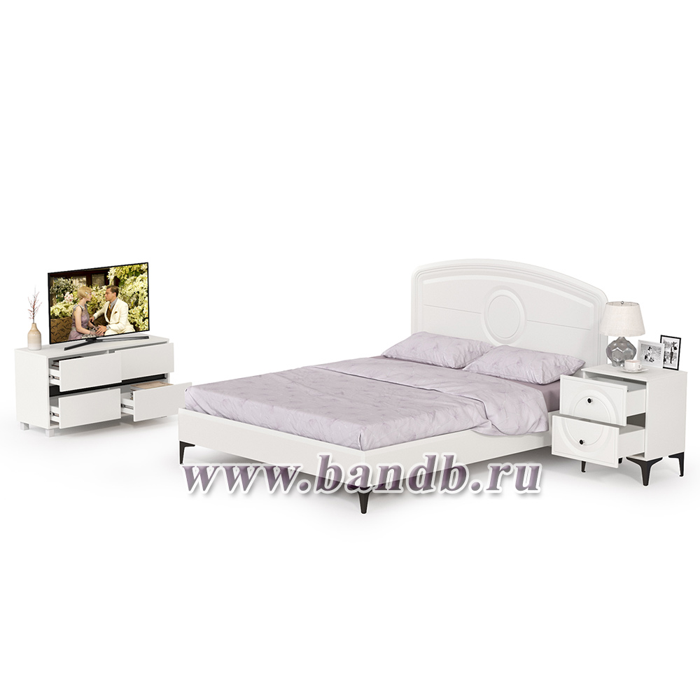 Кровать 1600 Валенсия с прикроватной тумбочкой и ТВ тумбой Квадро цвет белый шагрень/чёрный Картинка № 2