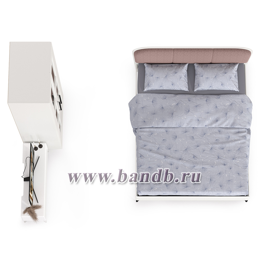 Белая двуспальная кровать Валенсия 1600 в комплекте со шкафом и тумбой Спейс цвет белый шагрень/ткань велутто 19 Картинка № 3