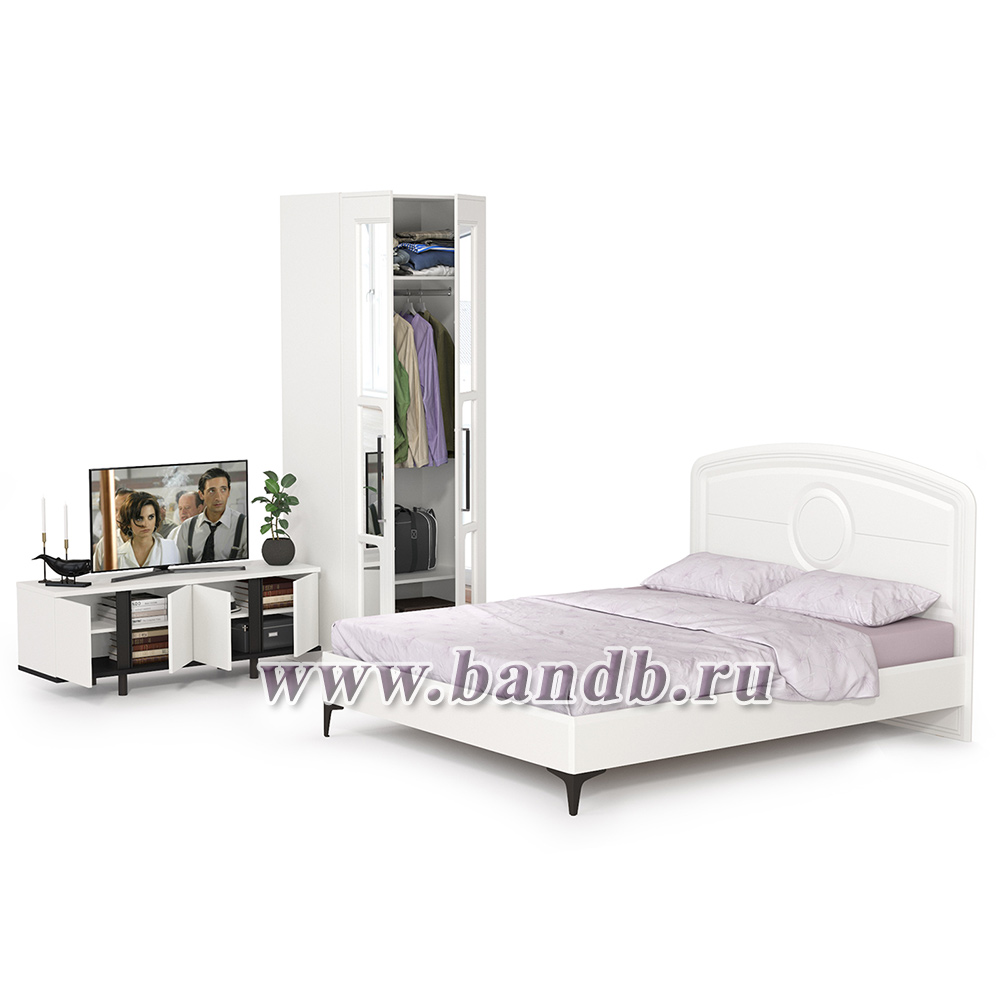 Кровать 1600 с ТВ-тумбой и шкафом с зеркалами Валенсия цвет белый шагрень/чёрный Картинка № 2