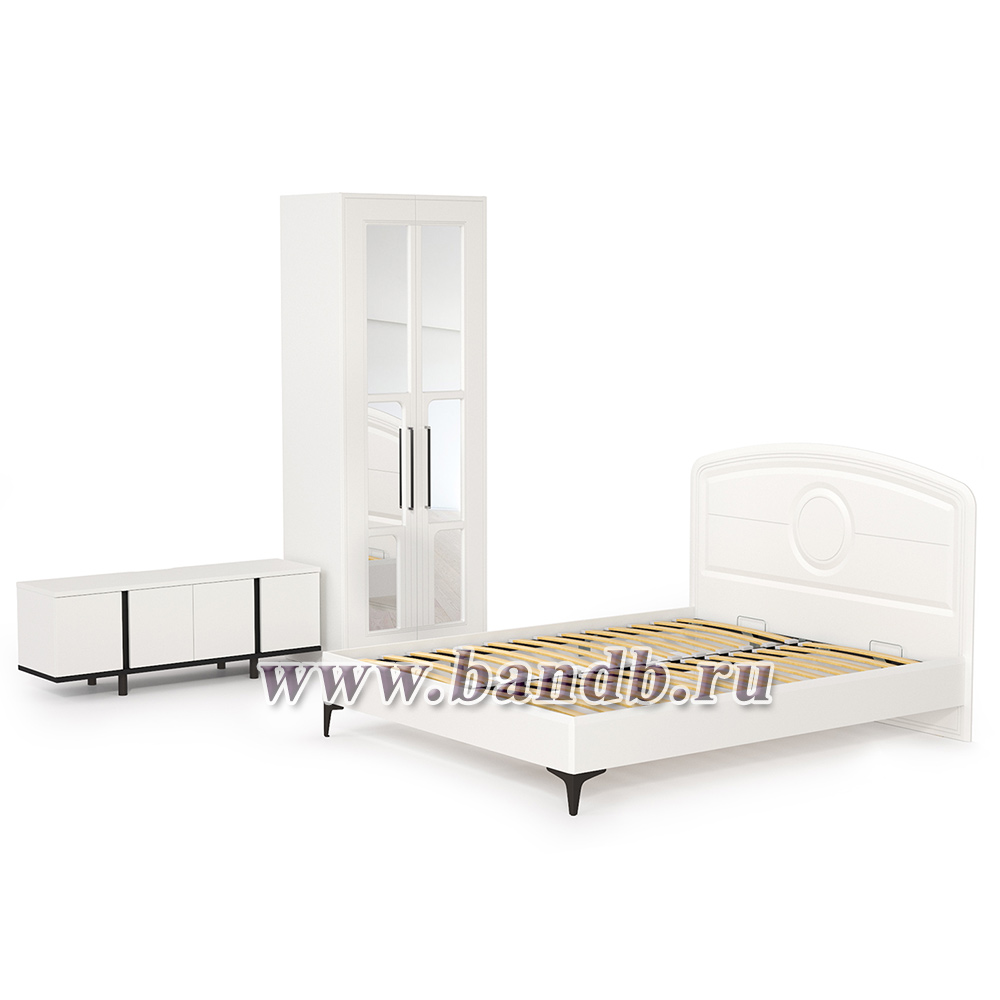 Кровать 1600 с ТВ-тумбой и шкафом с зеркалами Валенсия цвет белый шагрень/чёрный Картинка № 5