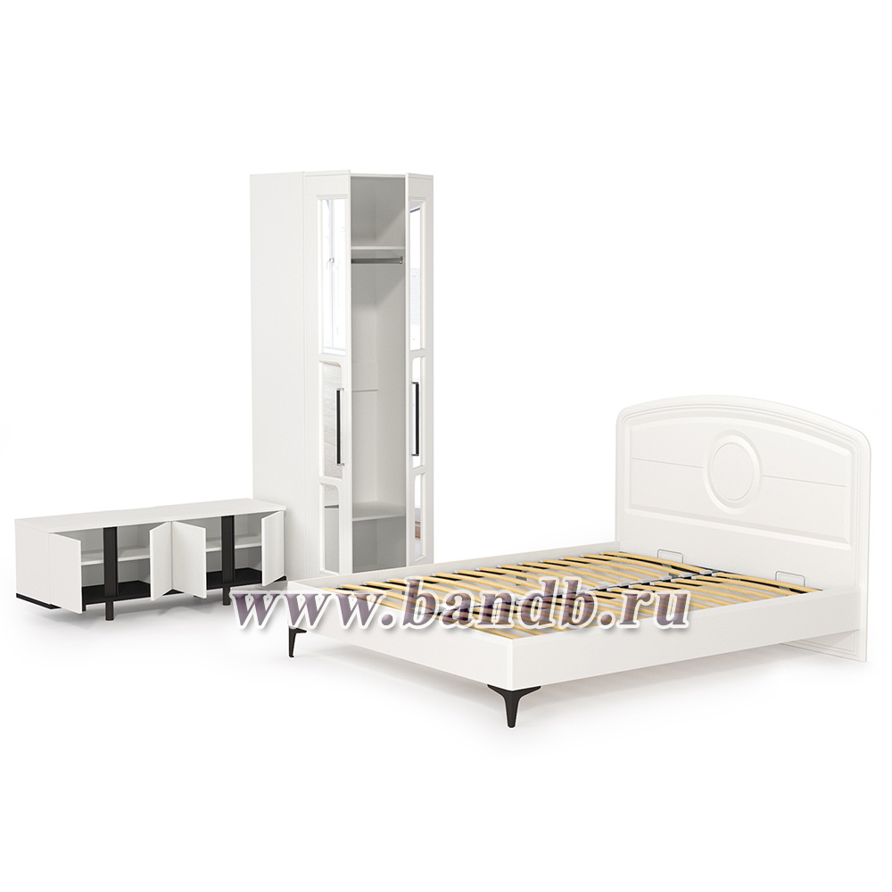 Кровать 1600 с ТВ-тумбой и шкафом с зеркалами Валенсия цвет белый шагрень/чёрный Картинка № 6