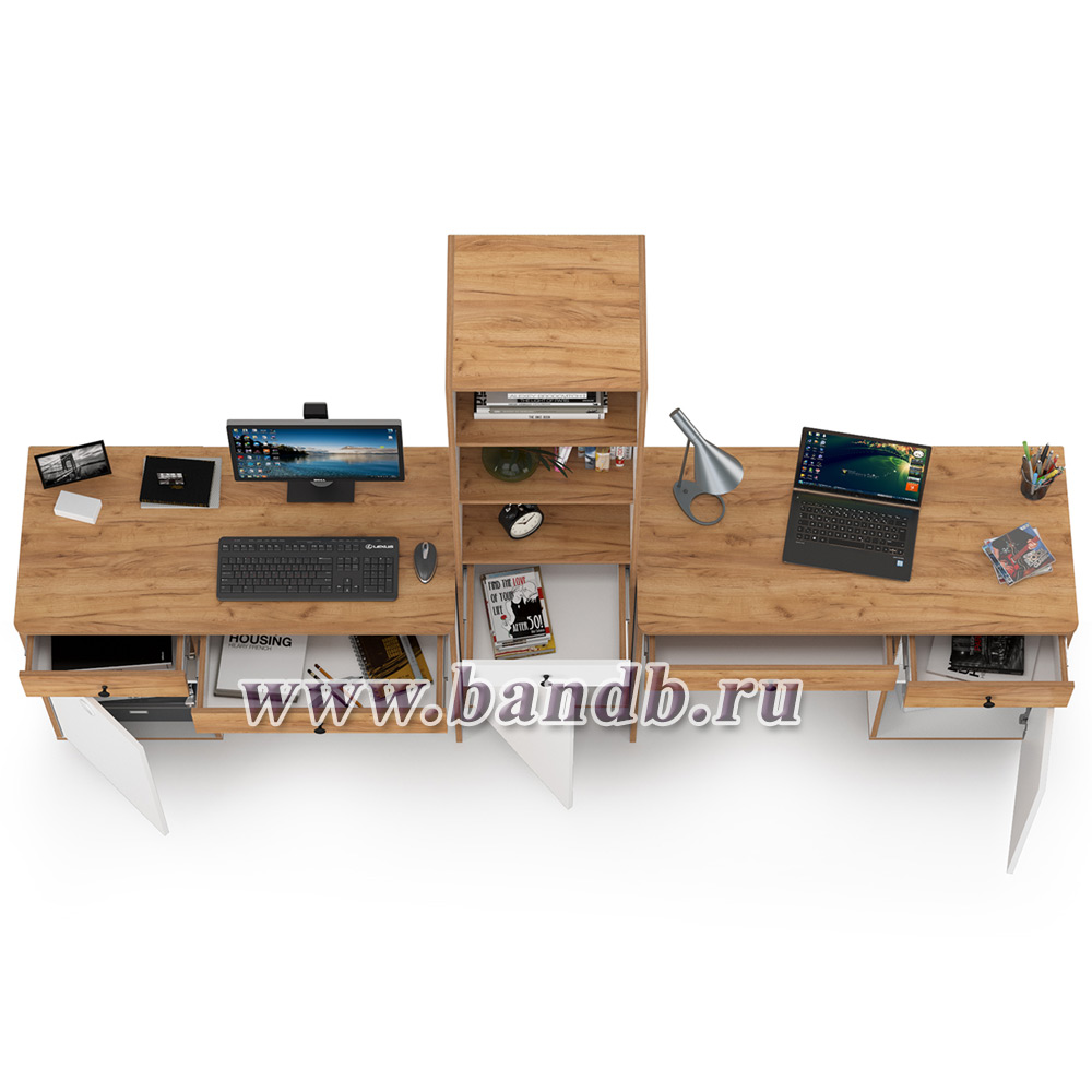 Компьютерные столы Вуди с пеналом для двоих детей цвет белый премиум/дуб крафт золотой Картинка № 4