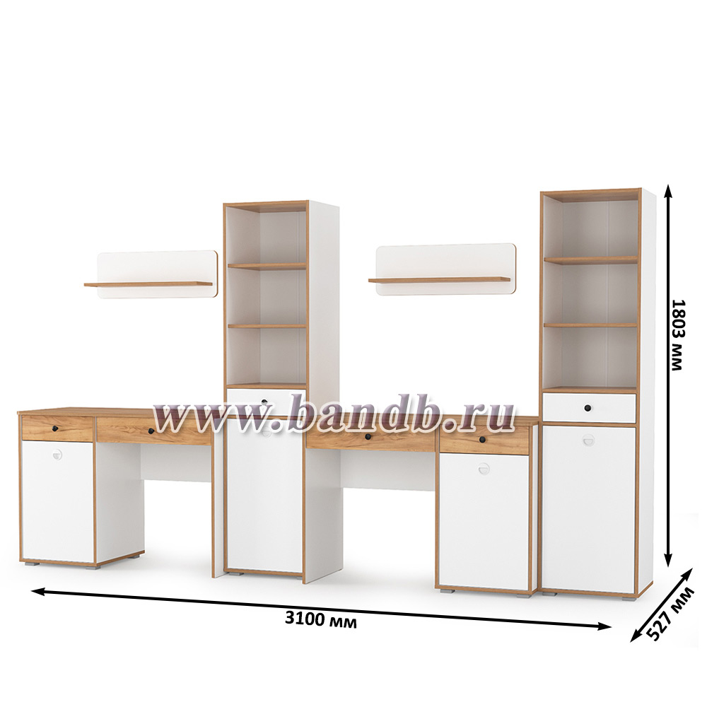 Два письменных стола с открытыми полками Вуди и два пенала для тетрадей и учебников цвет белый премиум/дуб крафт золотой Картинка № 5