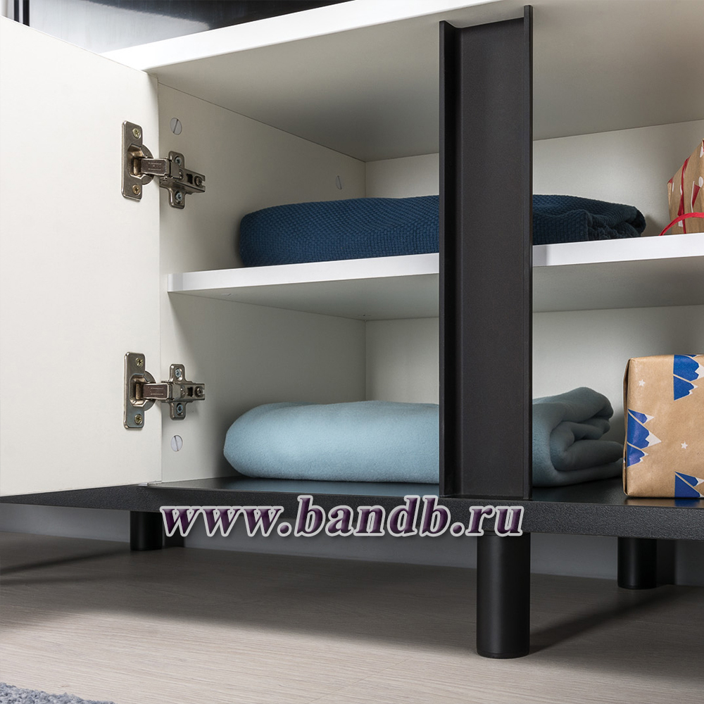 Кровать 1600 с ТВ-тумбой и шкафом с зеркалами Валенсия цвет белый шагрень/чёрный Картинка № 11