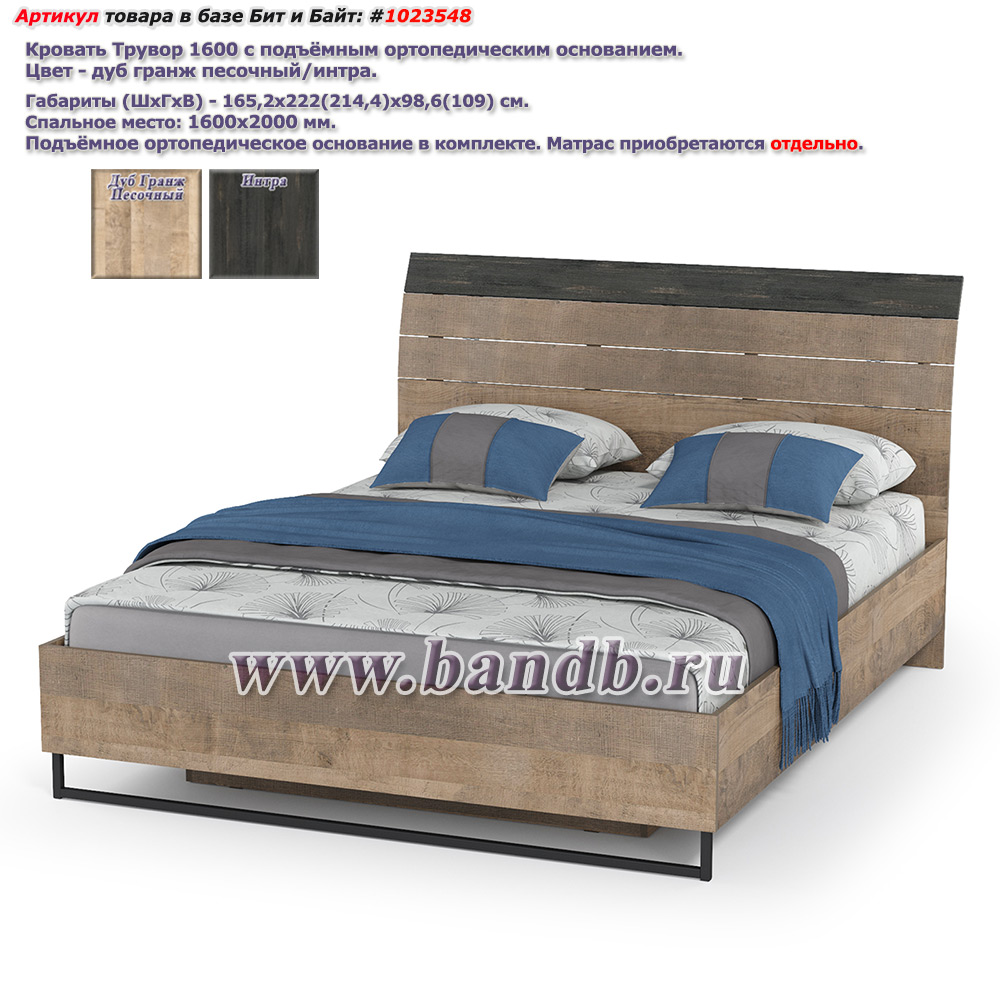 Кровать Трувор 1600 с подъёмным ортопедическим основанием цвет дуб гранж песочный/интра Картинка № 1