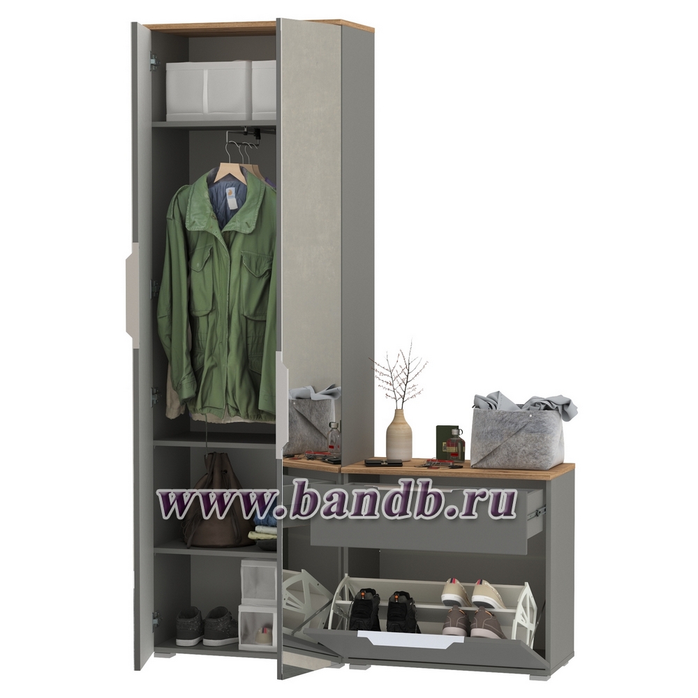 Шкаф для одежды с зеркальными дверками и обувница Октава цвет серый графит/дуб крафт золотой Картинка № 2