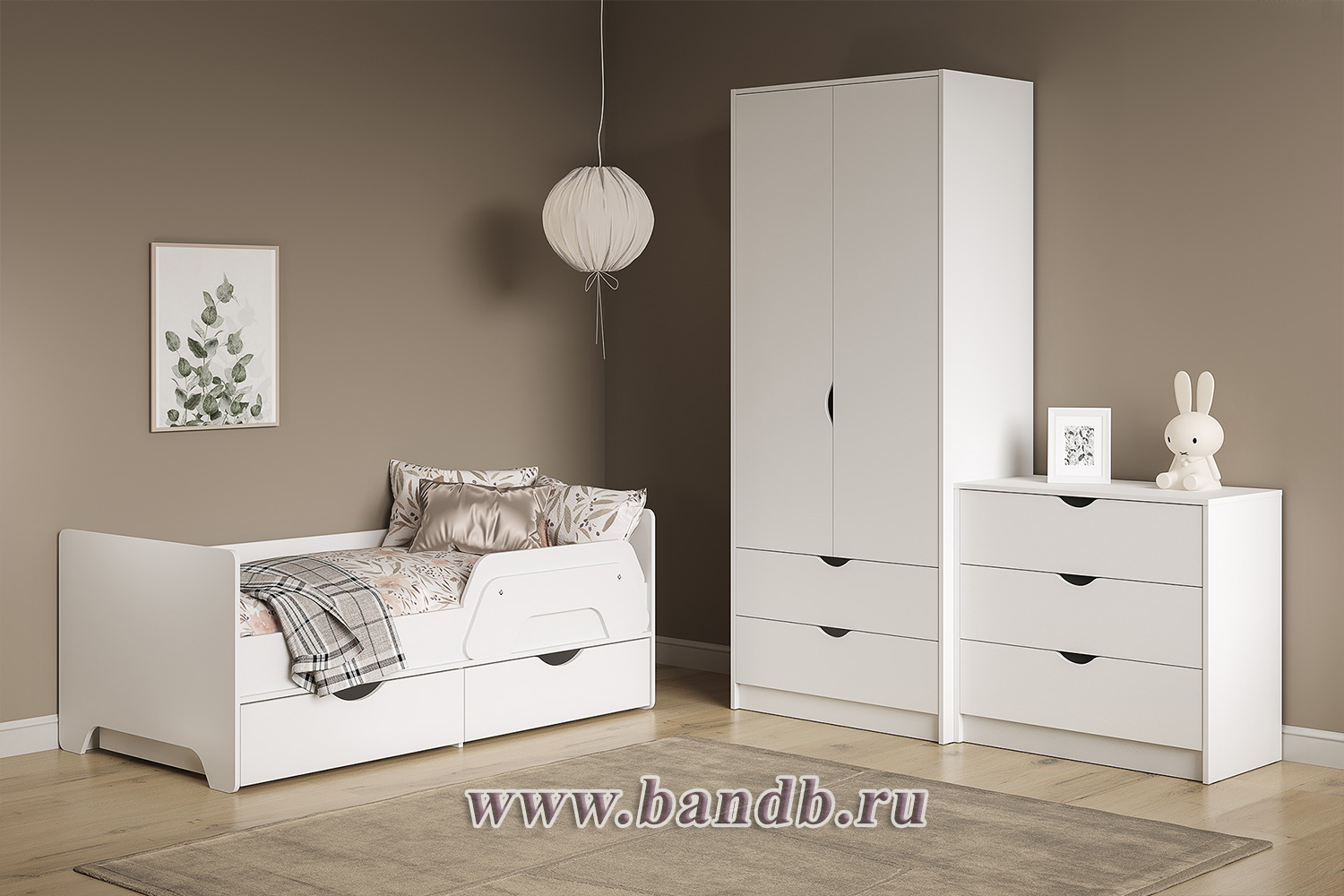 Мебель для детской Уна: кровать с ящиками + комод + шкаф для одежды цвет белый Картинка № 9