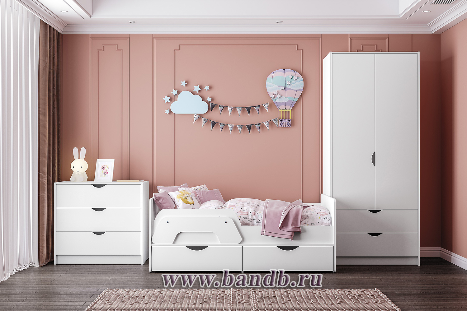 Мебель для детской Уна: кровать с ящиками + комод + шкаф для одежды цвет белый Картинка № 10