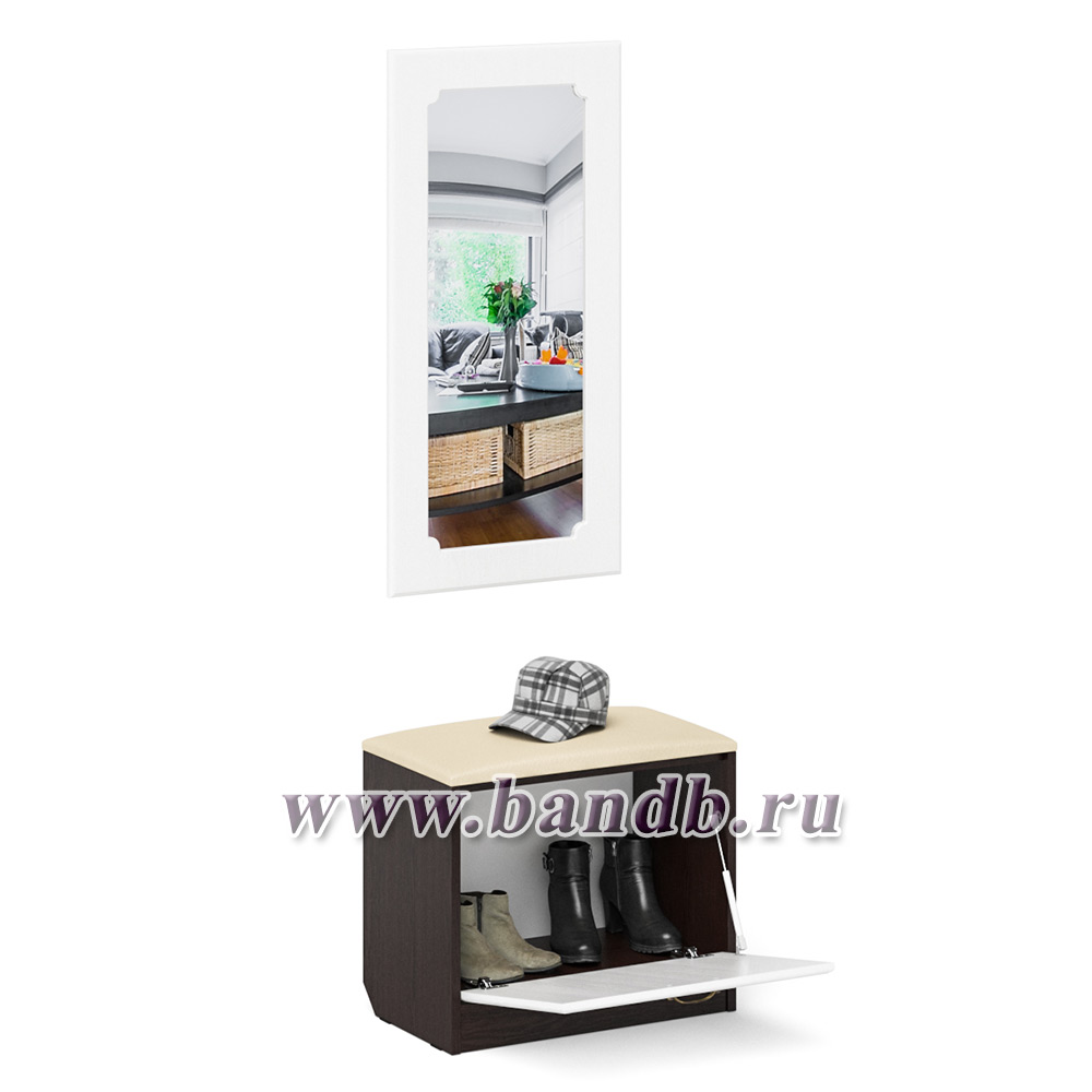 Обувница с мягким сиденьем с зеркалом П-6 цвет венге/фасады МДФ белое дерево фрезеровка ромб Картинка № 2