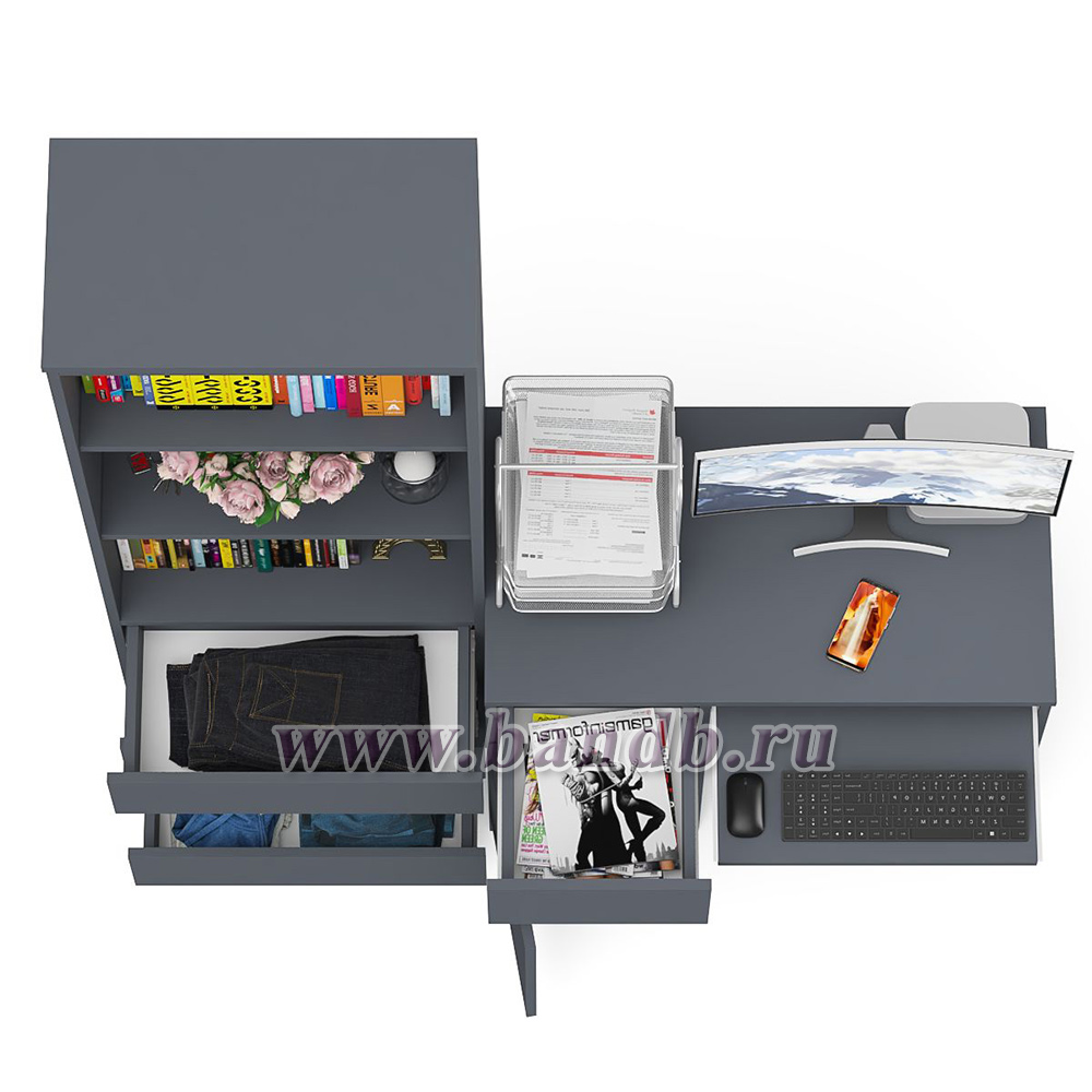 Стол компьютерный с ящиком и дверкой МС-1 левый со стеллажом МСТ600 Мори цвет графит Картинка № 6