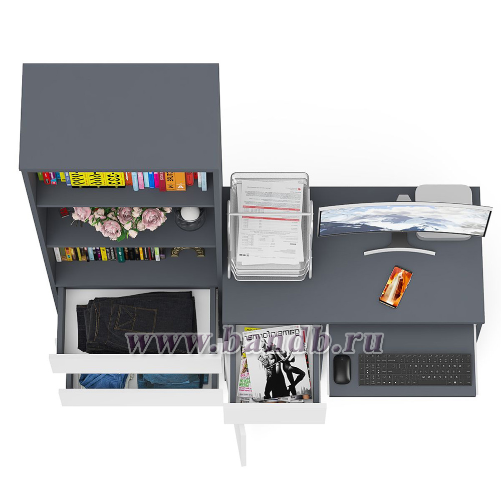 Стол компьютерный с ящиком и дверкой МС-1 левый со стеллажом МСТ600 Мори цвет графит/белый Картинка № 6