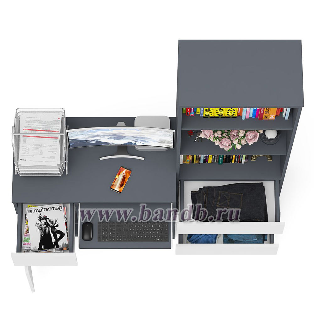 Стол компьютерный с ящиком и дверкой МС-1 левый со стеллажом МСТ600 Мори цвет графит/белый Картинка № 8