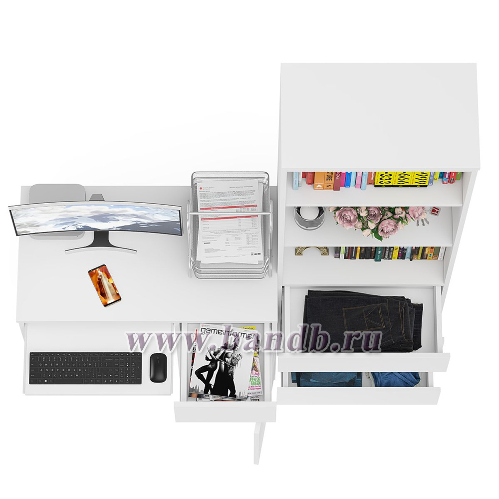 Компьютерный стол с ящиком и дверкой МС-1 правый со стеллажом с ящиками МСТ600 Мори цвет белый Картинка № 6