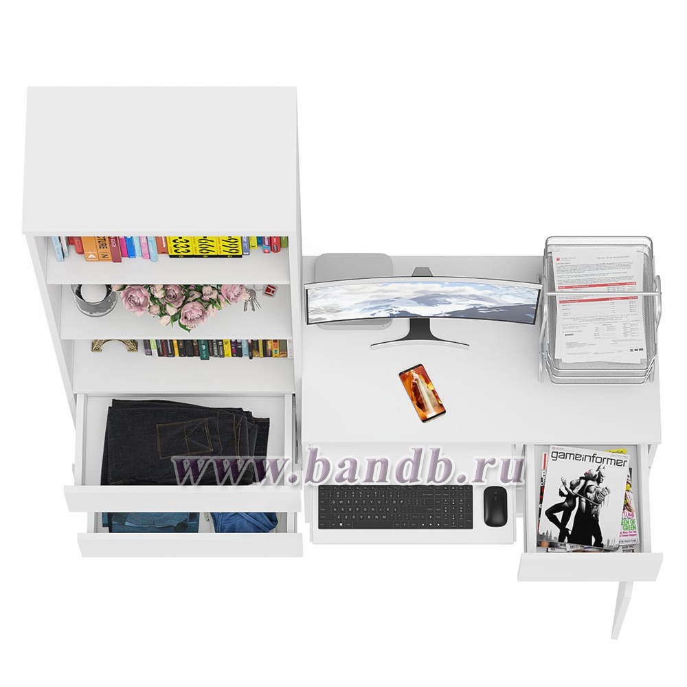Компьютерный стол с ящиком и дверкой МС-1 правый со стеллажом с ящиками МСТ600 Мори цвет белый Картинка № 8