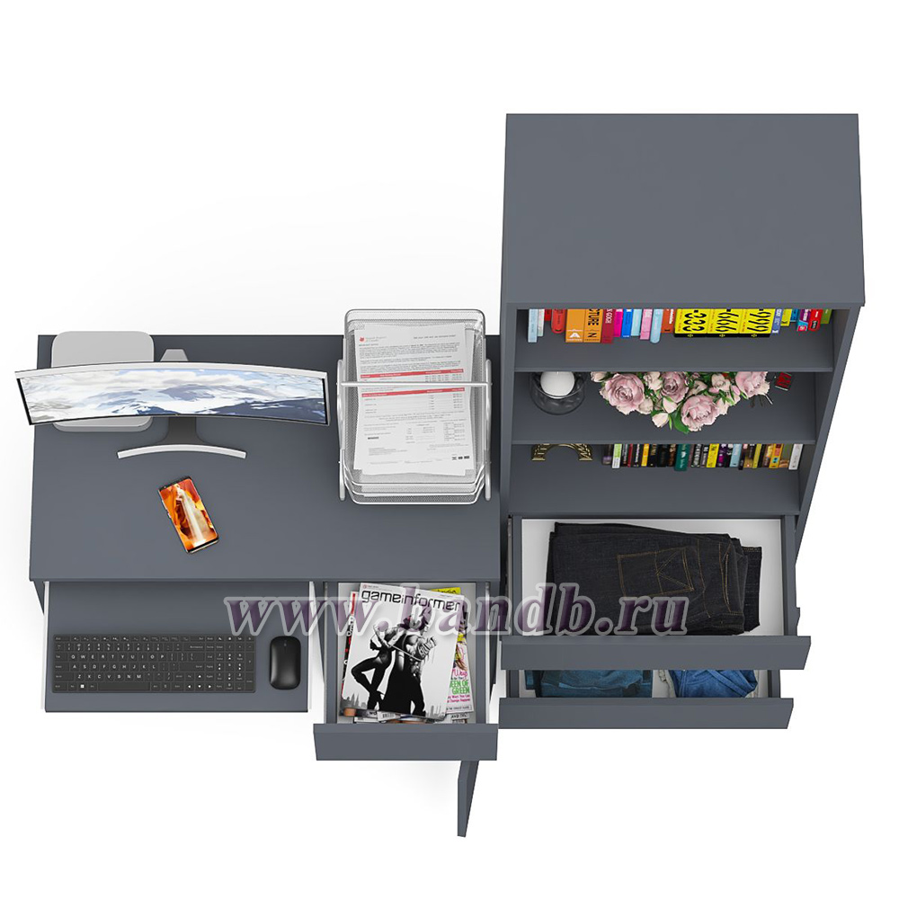 Компьютерный стол с ящиком и дверкой МС-1 правый со стеллажом с ящиками МСТ600 Мори цвет графит Картинка № 6