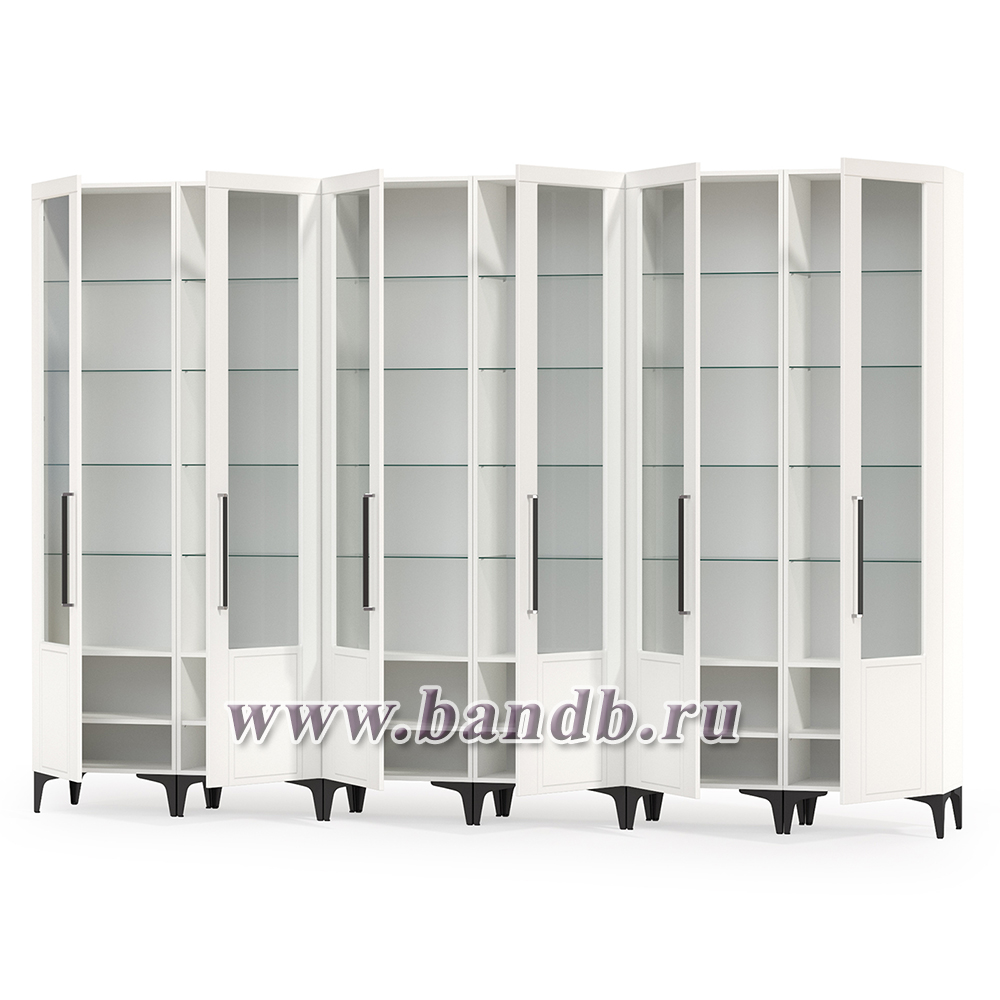 Шкафы в библиотеку - шесть дверок со стеклом Валенсия № 132 цвет белый шагрень Картинка № 6