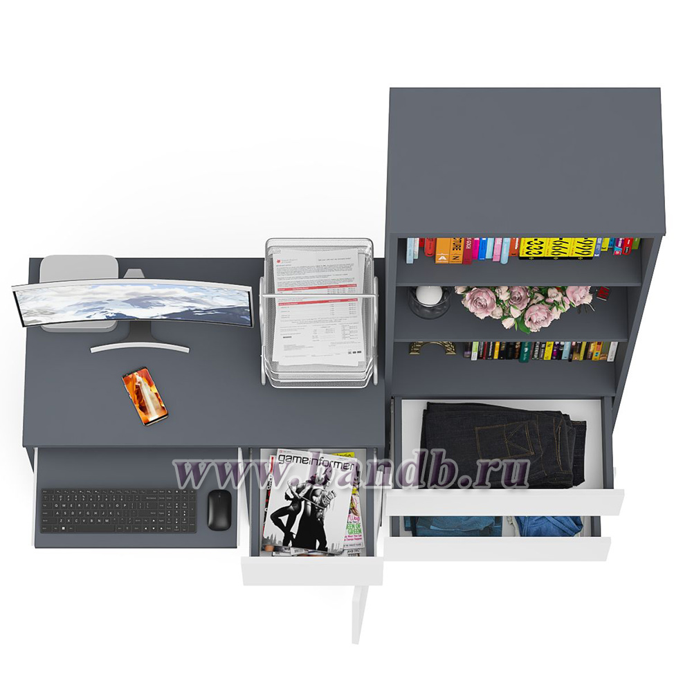 Компьютерный стол с ящиком и дверкой МС-1 правый со стеллажом с ящиками МСТ600 Мори цвет графит/белый Картинка № 6