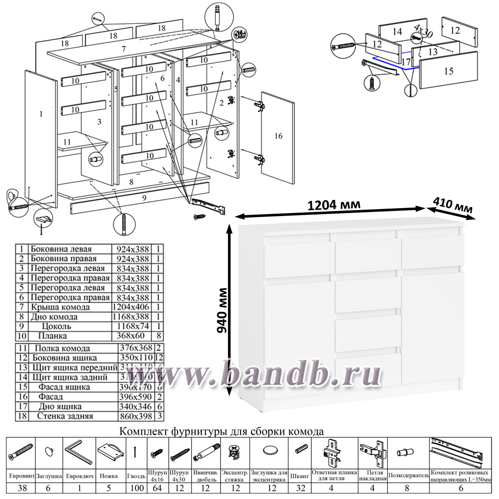 Комод с ящиками и дверками Мори МК1200.4 цвет белый Картинка № 7