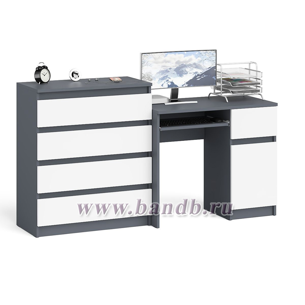 Компьютерный стол Мори МС-1 правый с комодом 4-ре ящика цвет графит/белый Картинка № 3