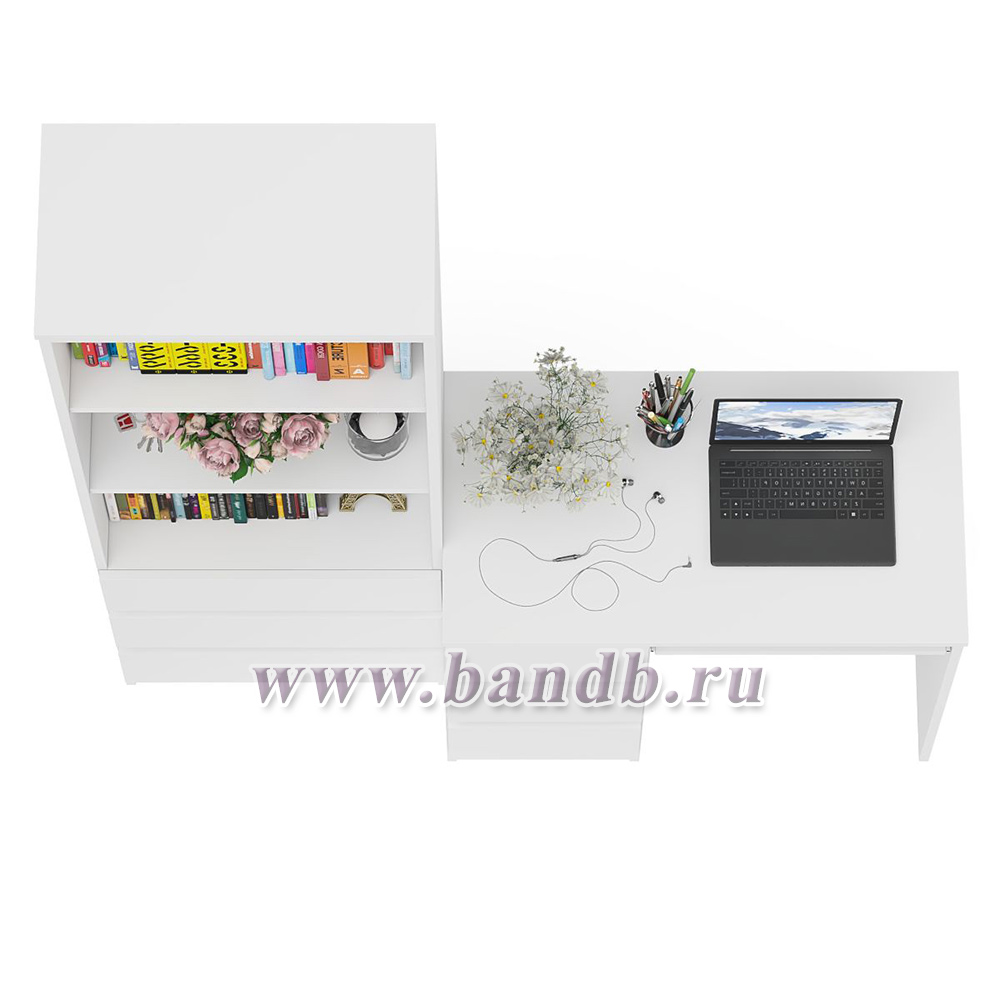 Стол компьютерный с тумбой с ящиками слева и стеллаж-комод МСТ600.3 Мори цвет белый Картинка № 5