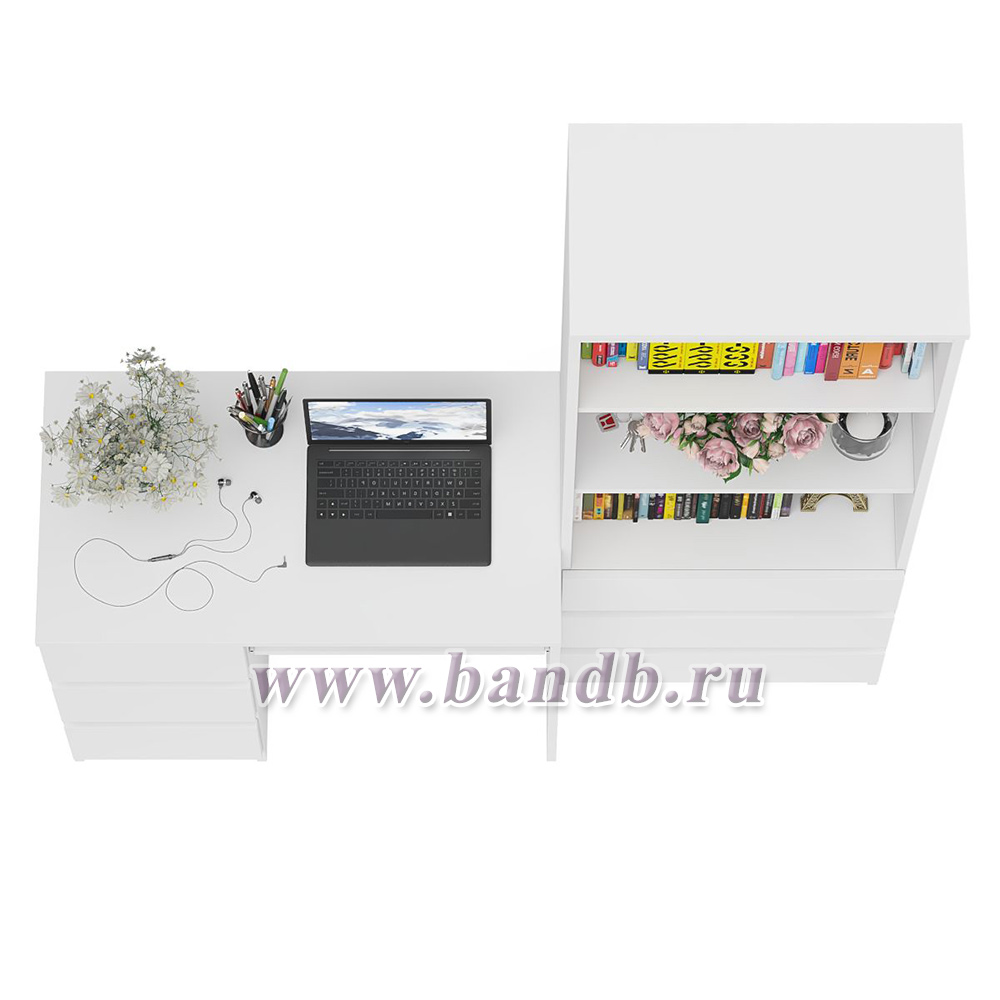 Стол компьютерный с тумбой с ящиками слева и стеллаж-комод МСТ600.3 Мори цвет белый Картинка № 7