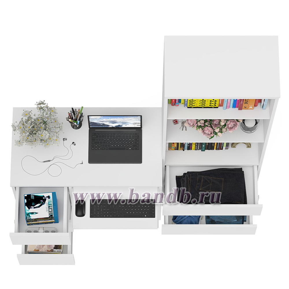 Стол компьютерный с тумбой с ящиками слева и стеллаж-комод МСТ600.3 Мори цвет белый Картинка № 8