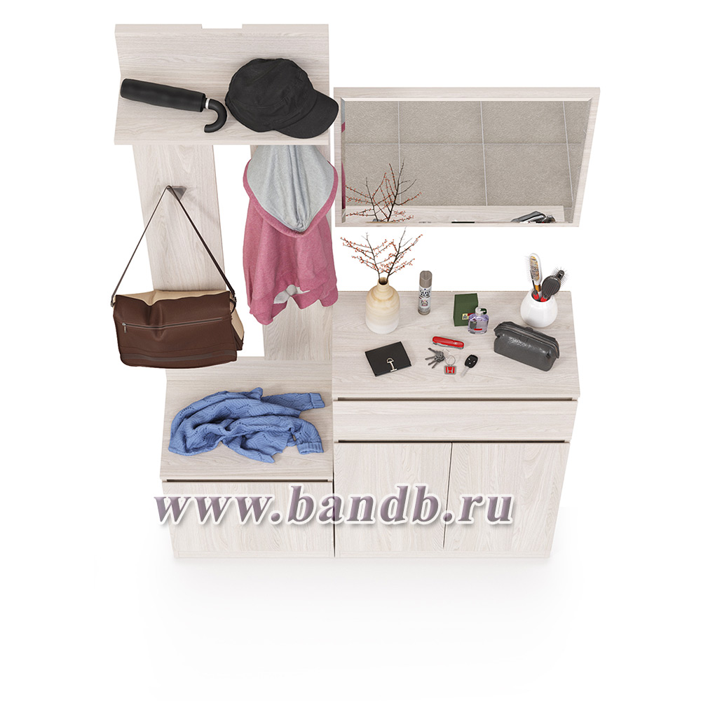 Тумба с вешалкой для верхней одежды и тумба-комод с зеркалом Ника цвет ясень анкор светлый Картинка № 7